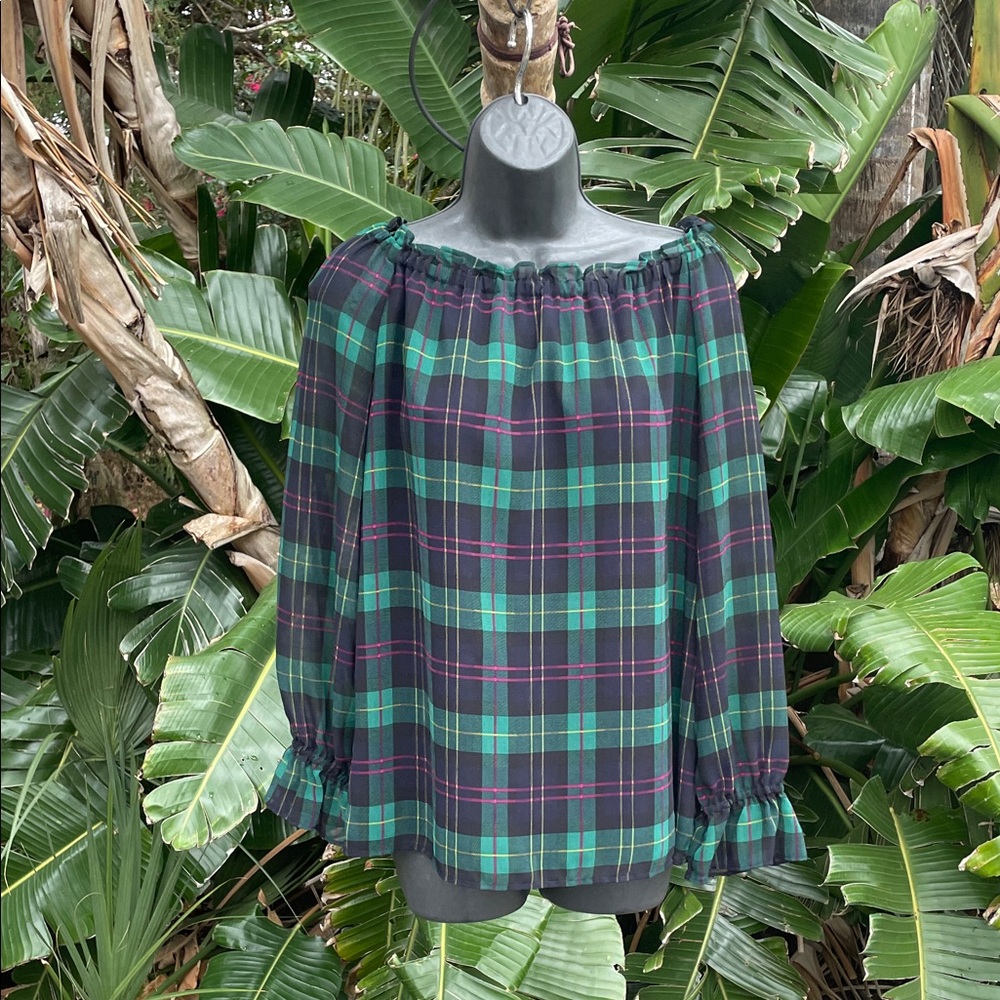 talbots plaid on or off the shoulder blouse